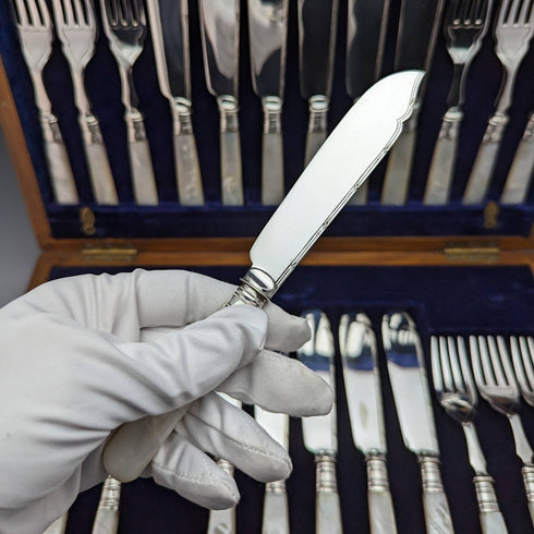 1930年頃 英国ヴィンテージ 白蝶貝ハンドル フィッシュカトラリー12ペアセット 箱入り